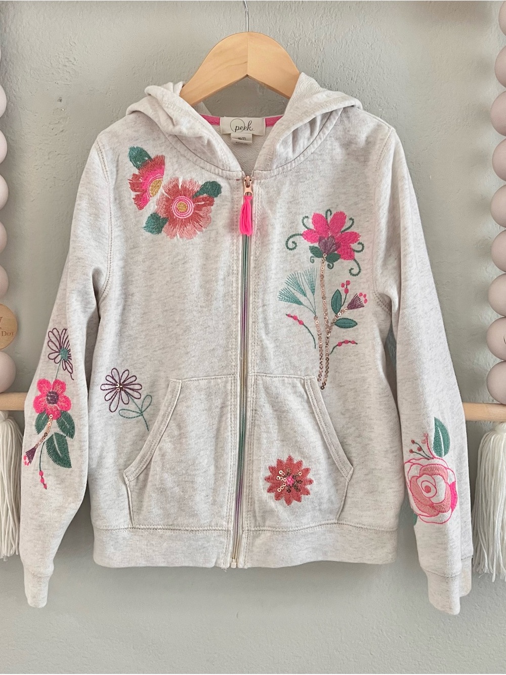 Peek Girls' Hooded Zip Sweatshirt with Pink Floral Embroidery